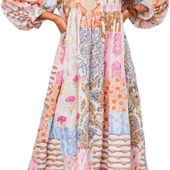 Women Boho Floral Long Dress Summer Beach Flowy Lantern Sleeve Sundress - Picture 1 of 7